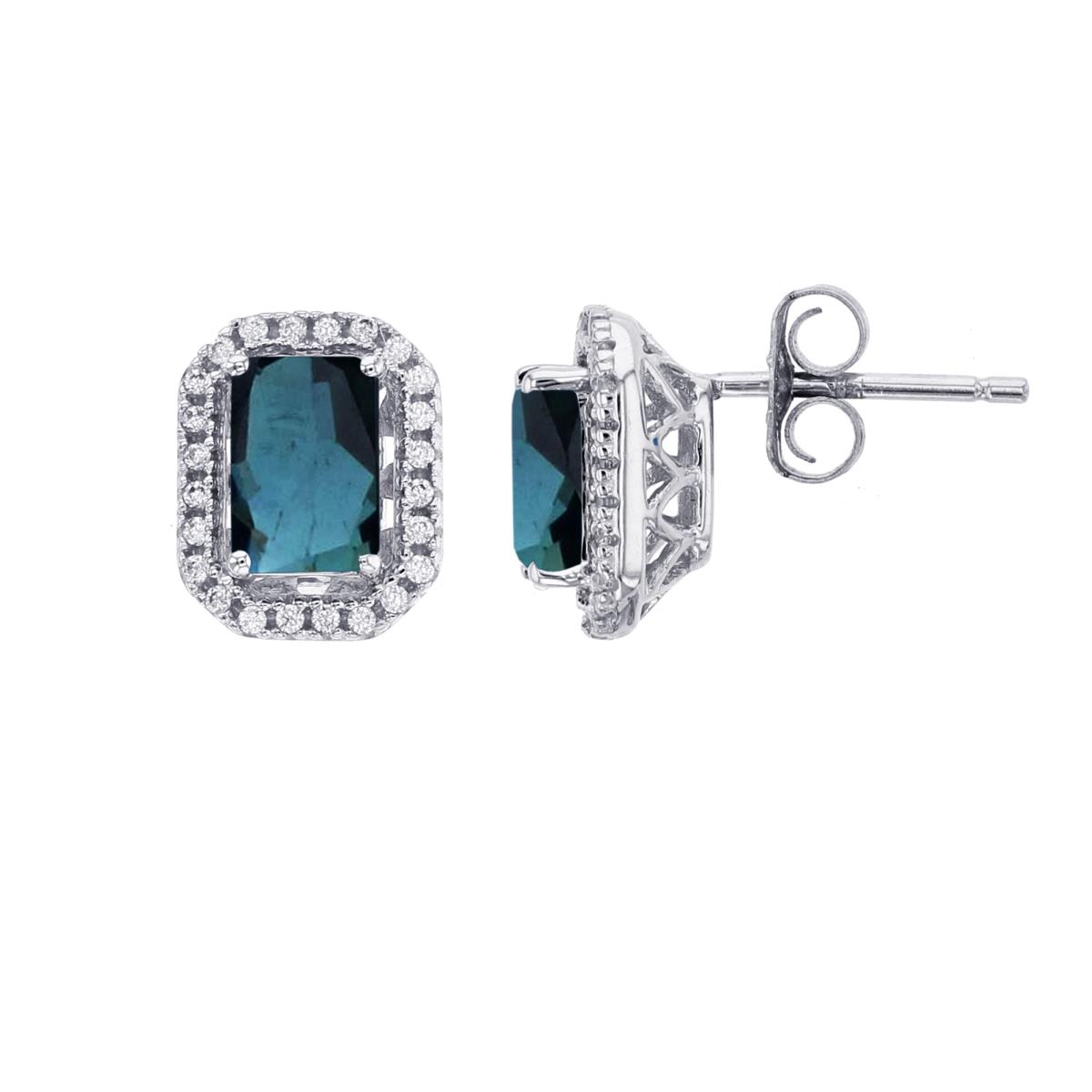 Sterling Silver Rhodium 6x4mm Oct Emerald & Rnd Created White Sapphire Cush Halo Stud Earring 