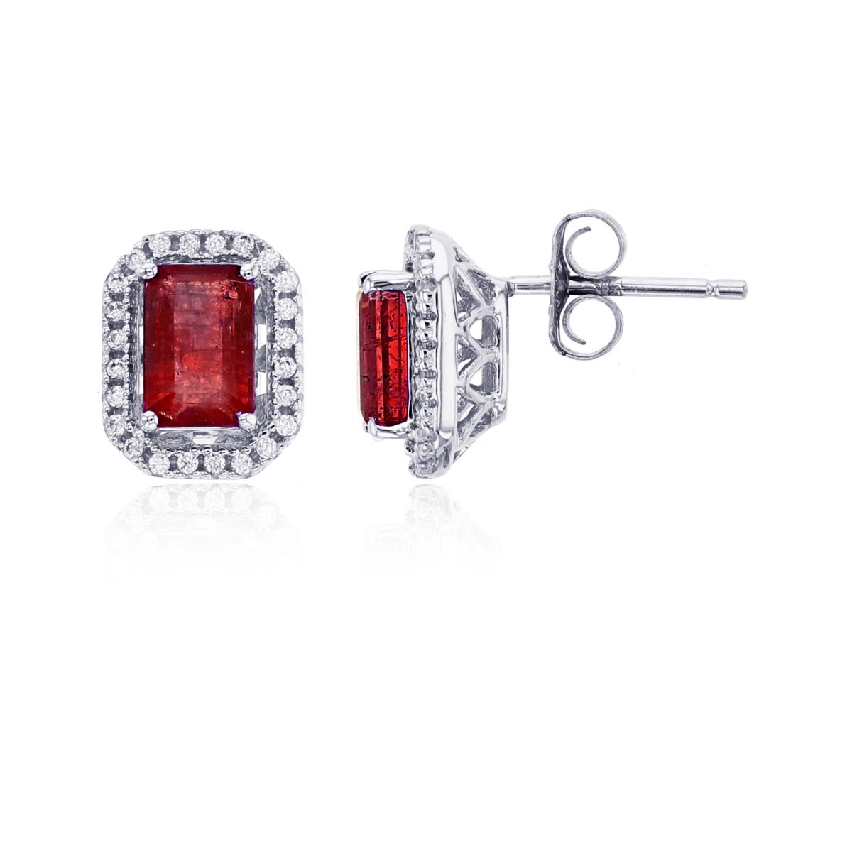 Sterling Silver Rhodium 6x4mm Oct Glass Filled Ruby & Rnd Created White Sapphire Cush Halo Stud Earring 