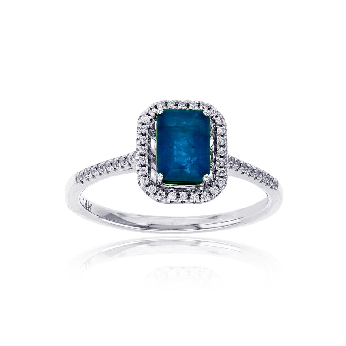 10K White Gold 0.14cttw Rnd Diamonds & 7x5mm Oct Sapphire Halo Ring