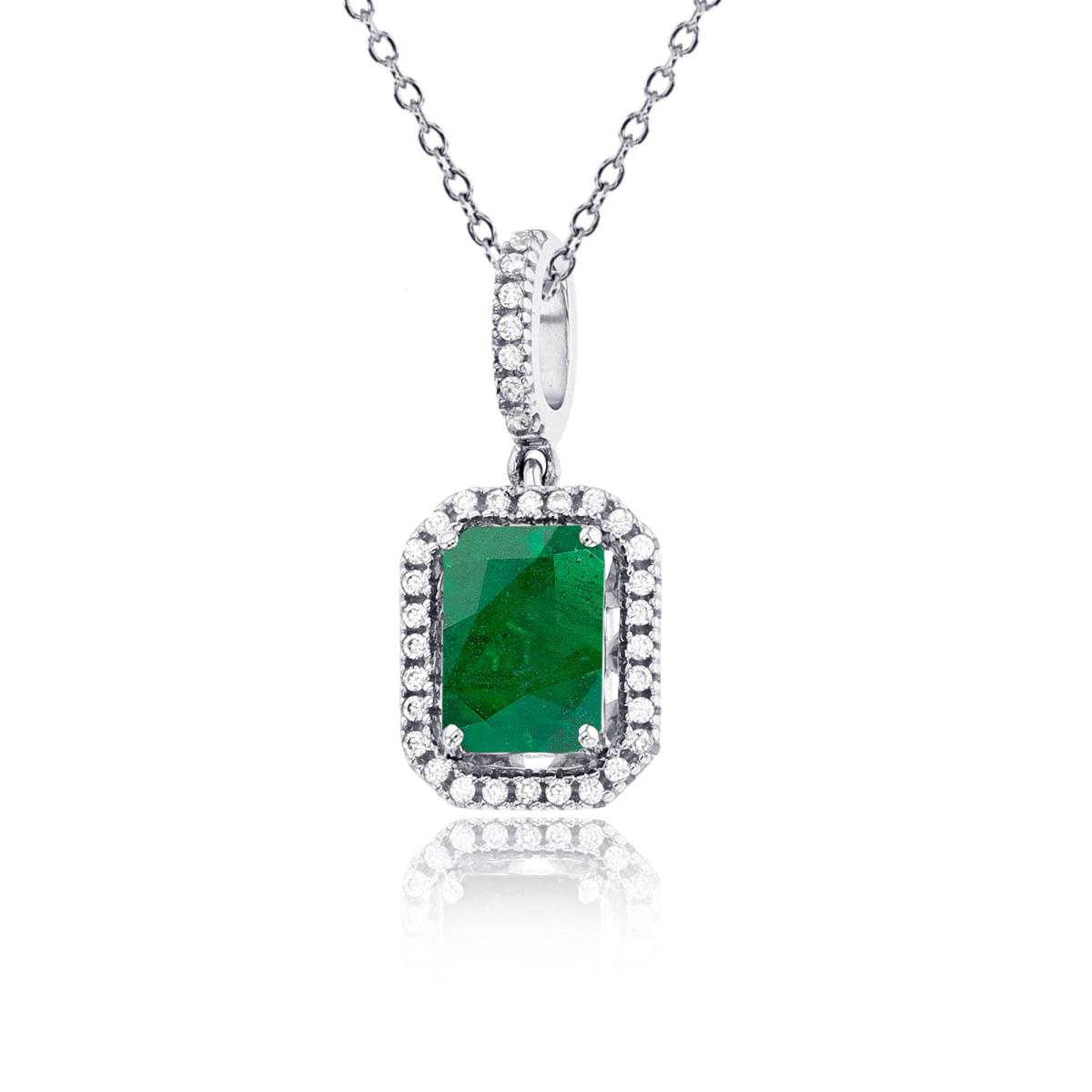 Sterling Silver Rhodium 7x5mm Oct Emerald & Rnd Created White Sapphire Cush Halo 18"Necklace