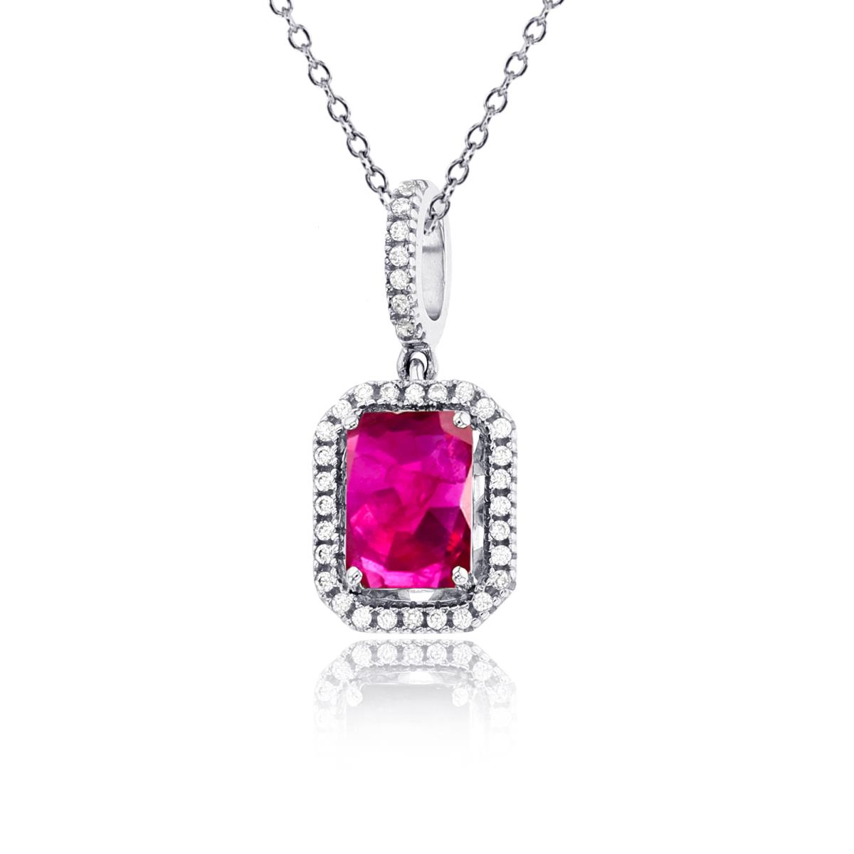 Sterling Silver Rhodium 7x5mm Oct Glass Filled Ruby & Rnd Created White Sapphire Cush Halo 18"Necklace