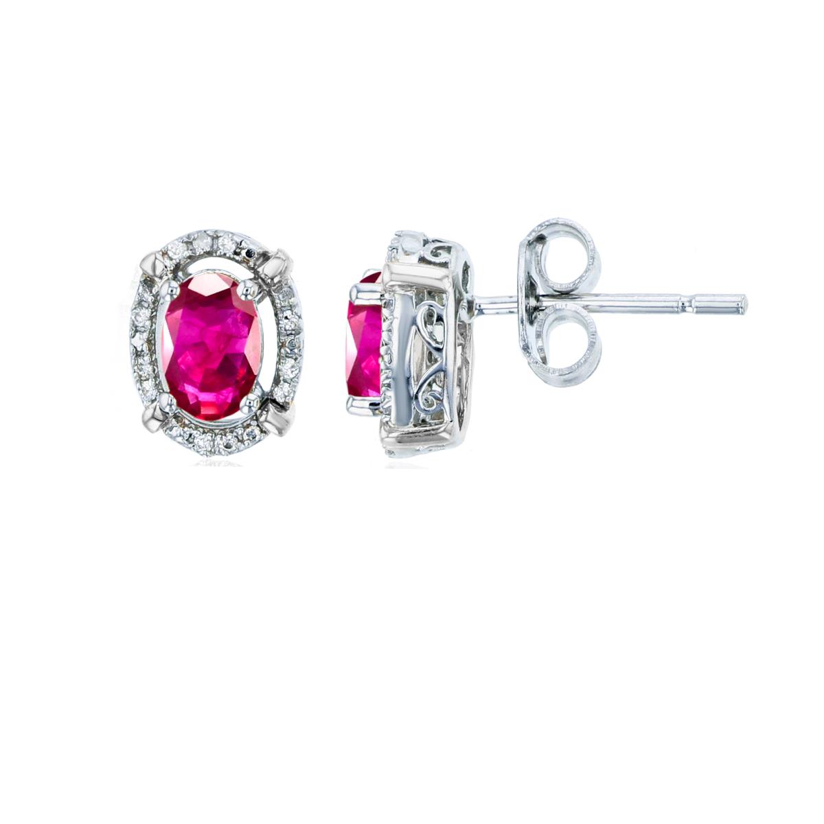 Sterling Silver Rhodium 6x4mm Ov Glass Filled Ruby & Rnd Created White Sapphire Halo Oval Studs