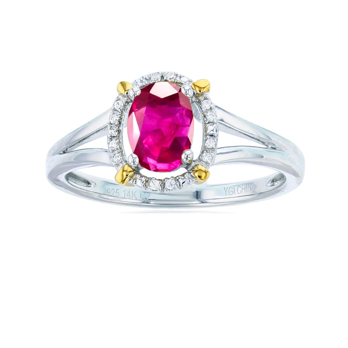 10K Yellow Gold 0.01cttw Rnd Diamonds & 7x5mm Ov Glass Filled Ruby Halo Oval Ring