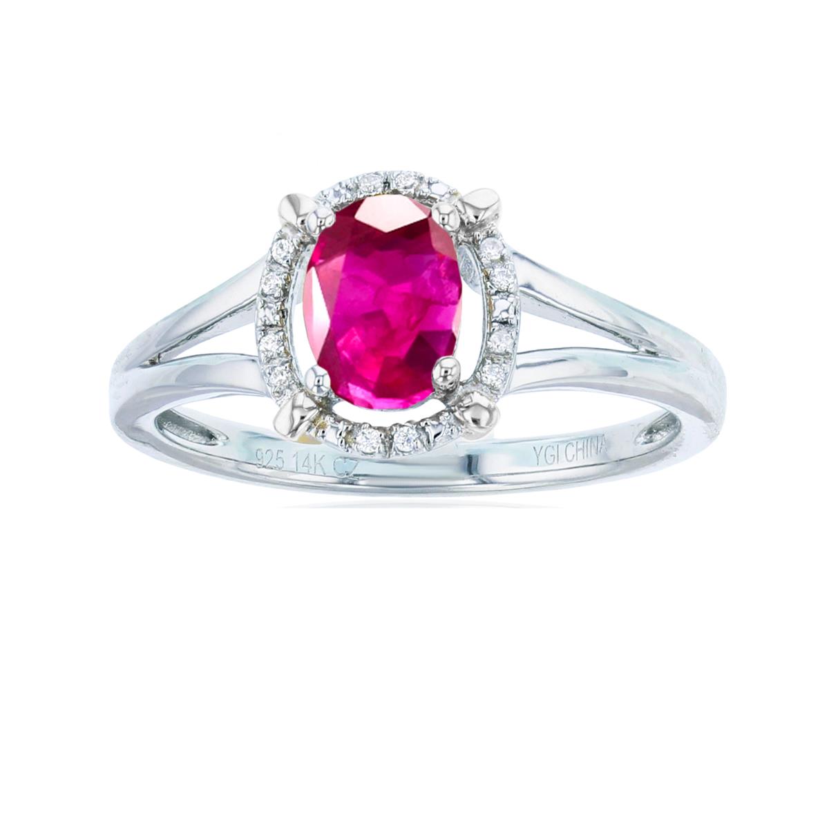 Sterling Silver Rhodium 7x5mm Ov Glass Filled Ruby & Rnd Created White Sapphire Halo Oval Ring