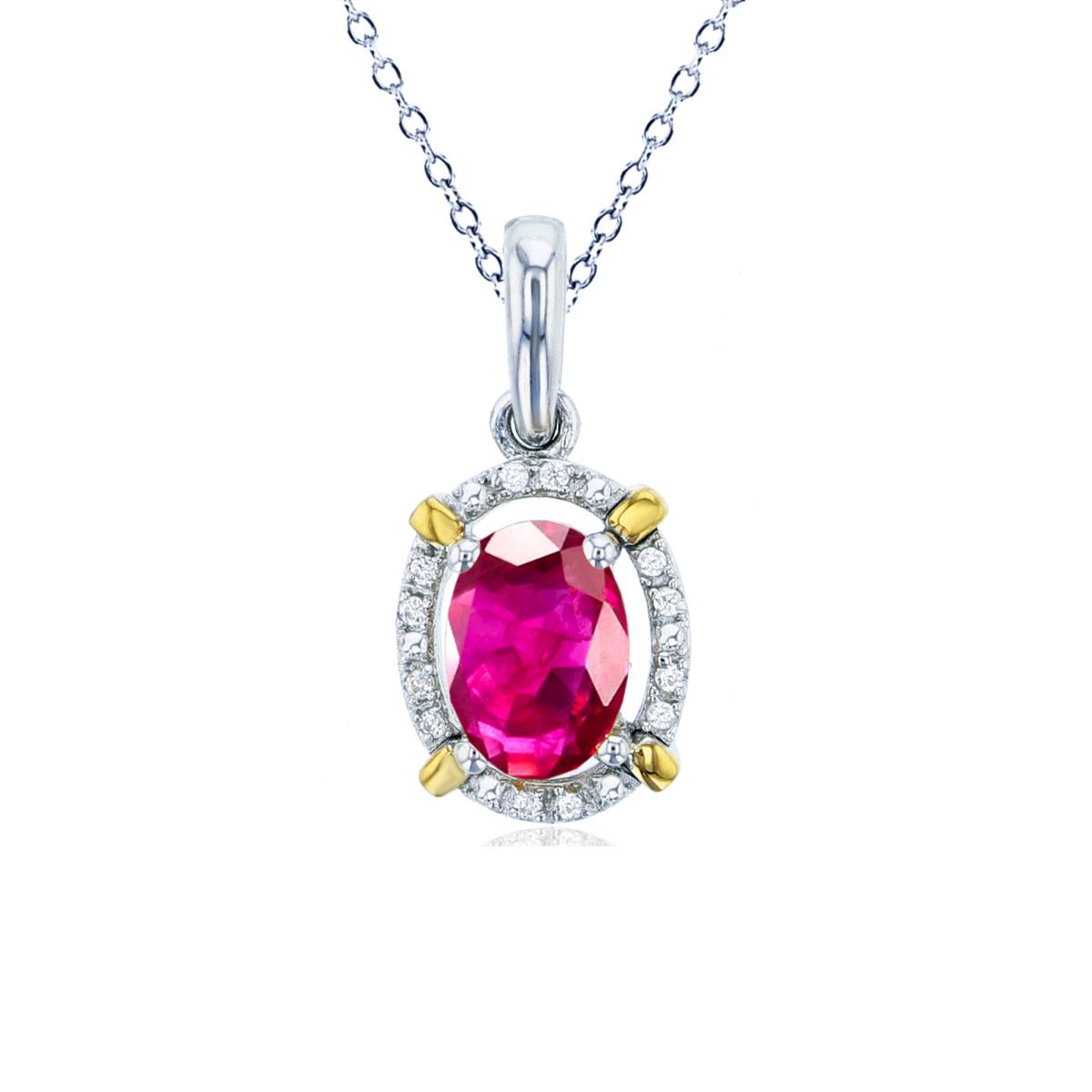 10K Yellow Gold 0.01cttw Rnd Diamonds & 7x5mm Ov Glass Filled Ruby Halo Oval 18"Necklace