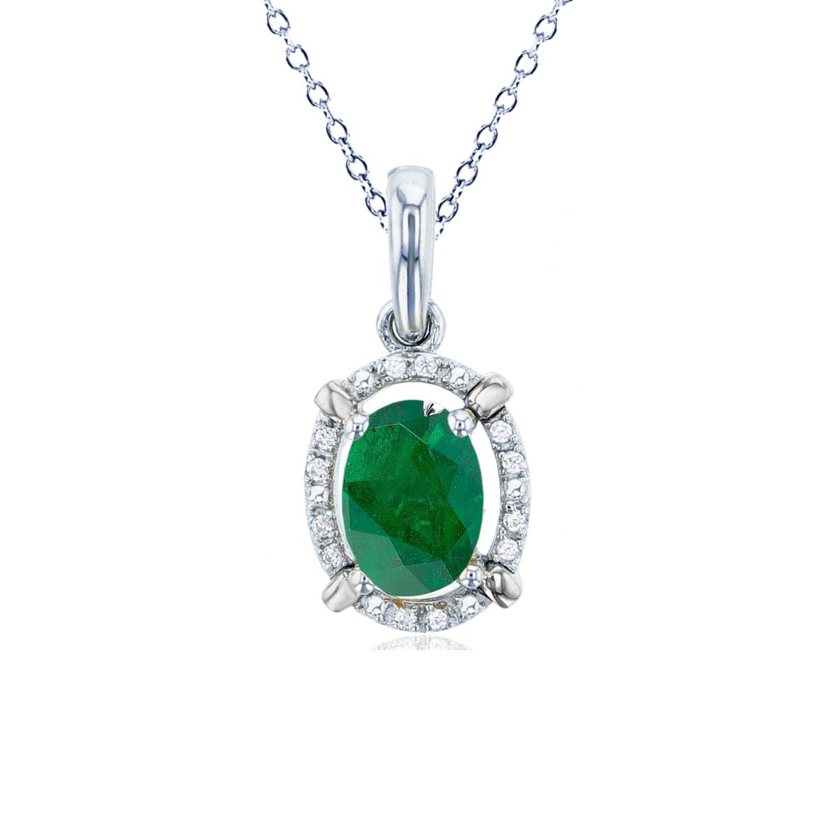 Sterling Silver Rhodium 7x5mm Ov Emerald & Rnd Created White Sapphire Halo Oval 18"Necklace