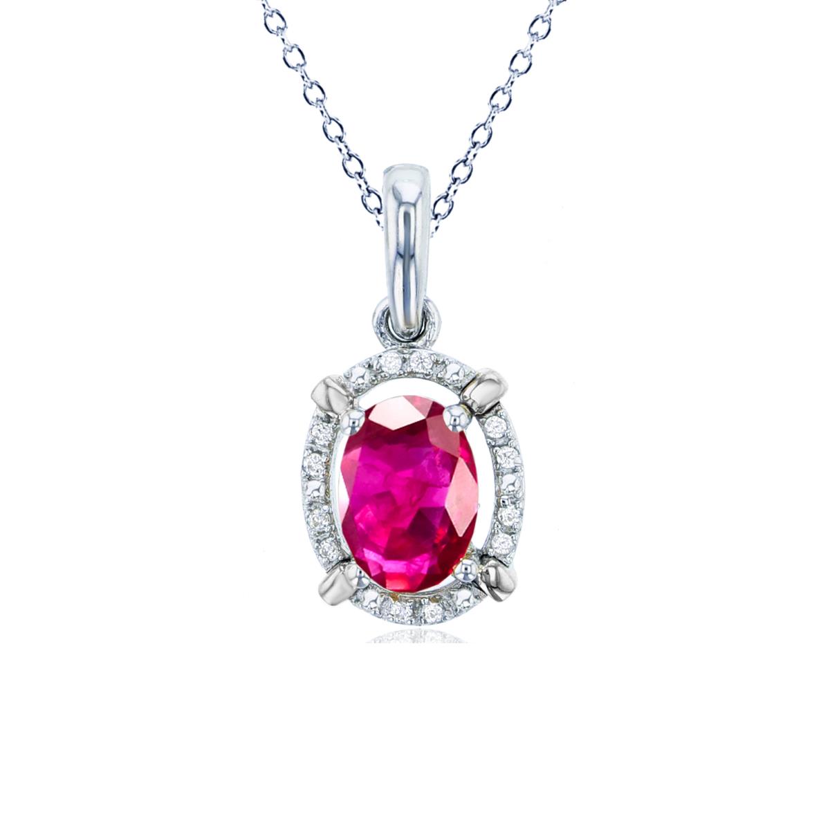 Sterling Silver Rhodium 7x5mm Ov Glass Filled Ruby & Rnd Created White Sapphire Halo Oval 18"Necklace
