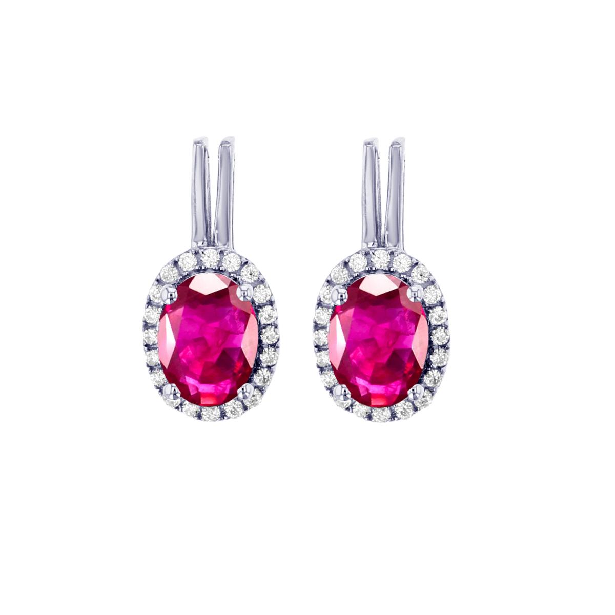 Sterling Silver Rhodium 6x4mm Ov Glass Filled Ruby & Rnd Created White Sapphire Halo Oval Studs