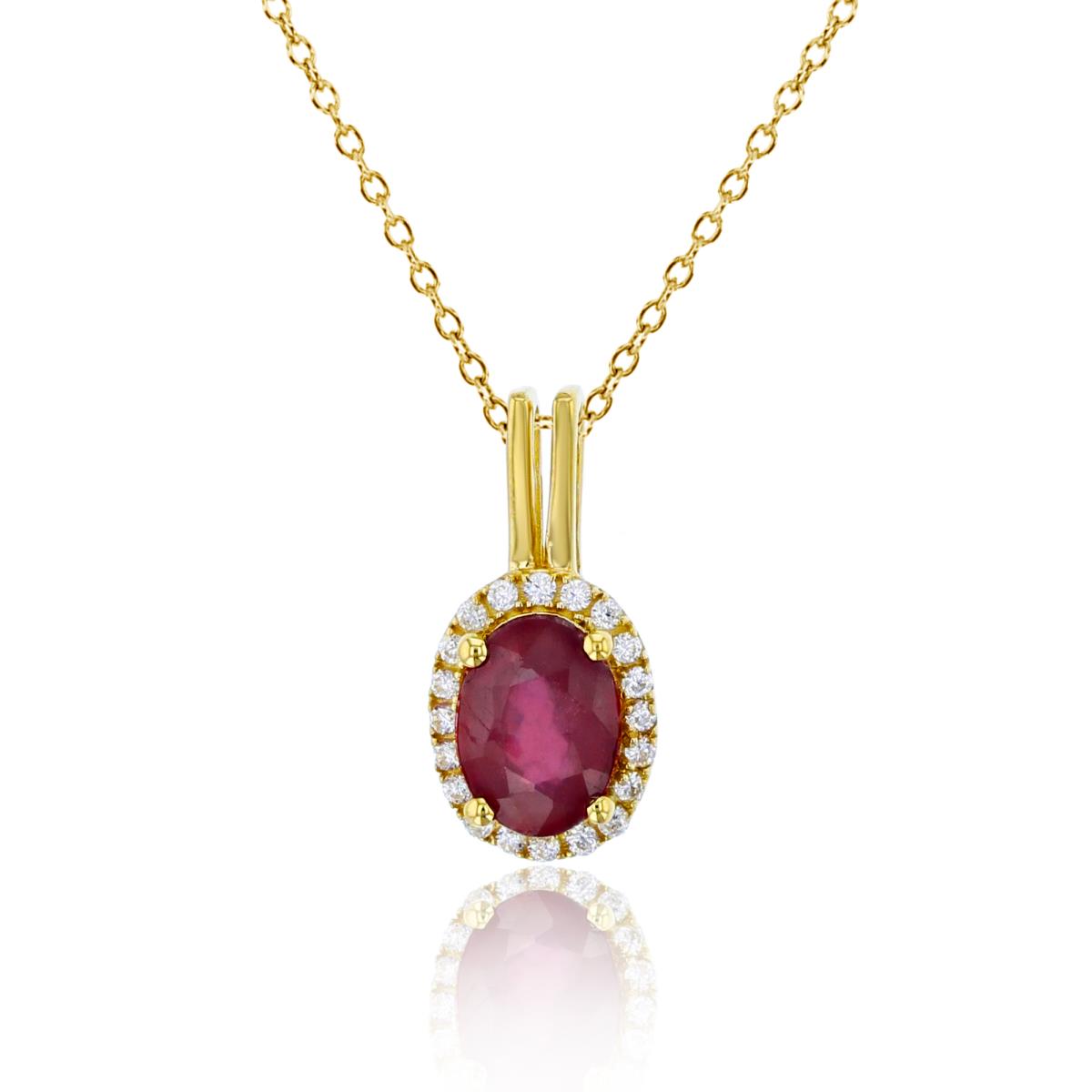 10K Yellow Gold 0.10cttw Rnd Diamond & 7x5mm Ov Glass Filled Ruby Halo Oval 18"Necklace