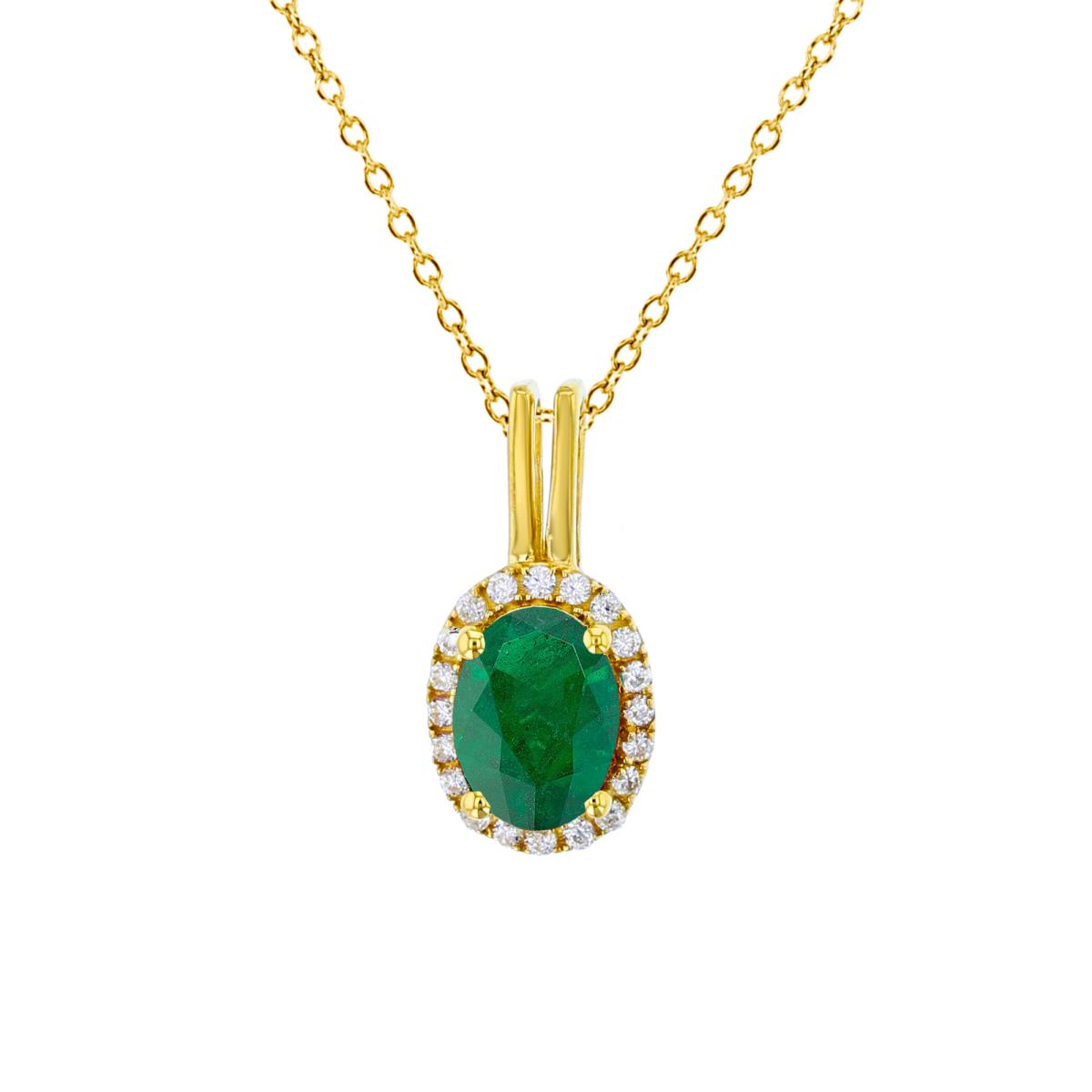 10K Yellow Gold 0.01cttw Rnd Diamond & 7x5mm Ov Emerald Halo Oval 18"Necklace
