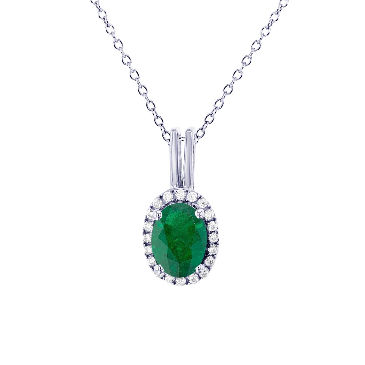Sterling Silver Rhodium 7x5mm Ov Emerald & Rnd Created White Sapphire Halo Oval 18"Necklace
