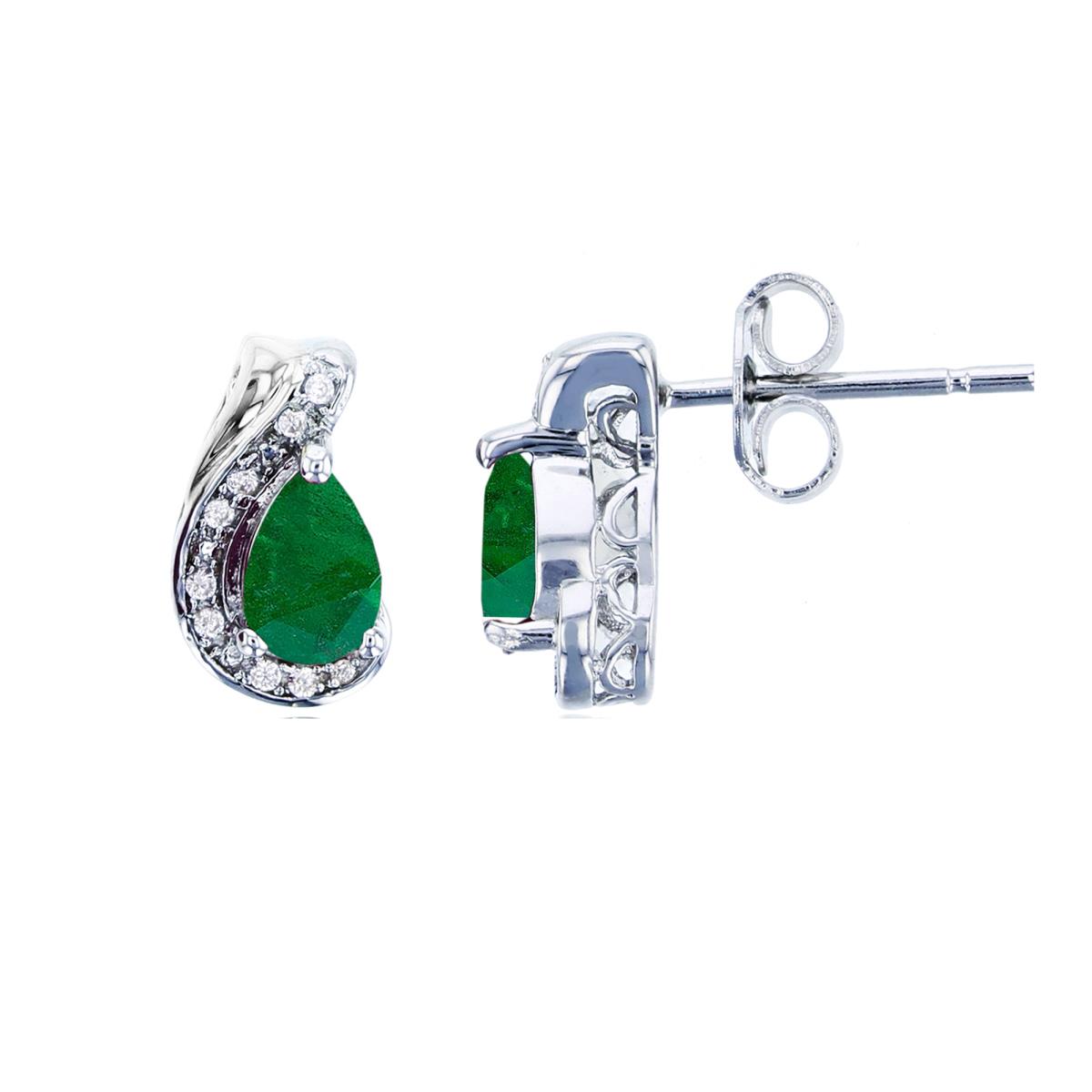 Sterling Silver Rhodium 6x4mm PS Emerald & Rnd Created White Sapphire Studs