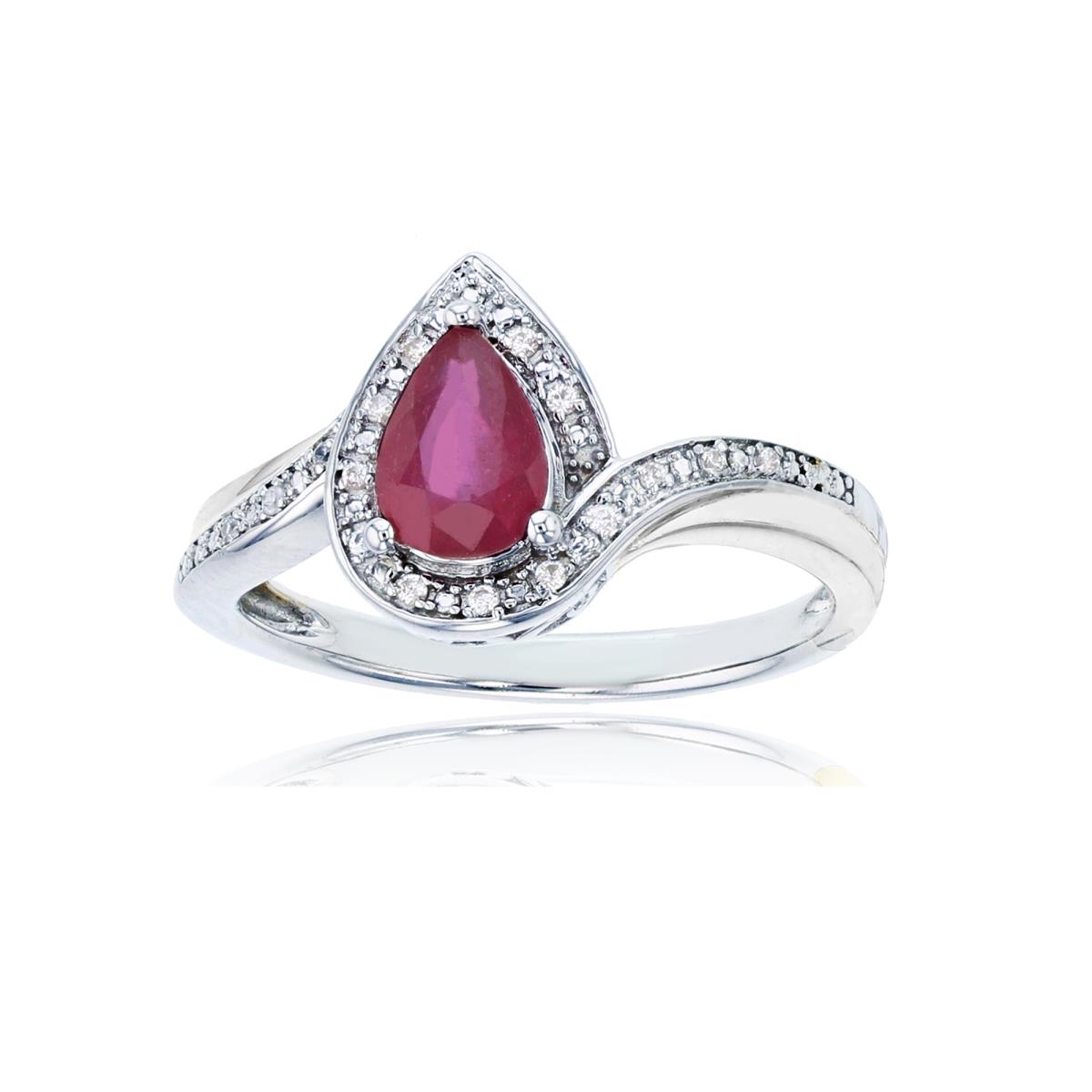 Sterling Silver Rhodium 7x5mm PS Glass Filled Ruby & Rnd Created White Sapphire Ring