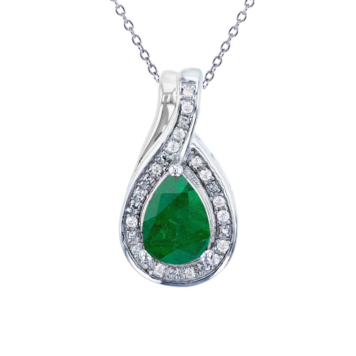 Sterling Silver Rhodium 7x5mm PS Emerald & Rnd Created White Sapphire 18"Necklace