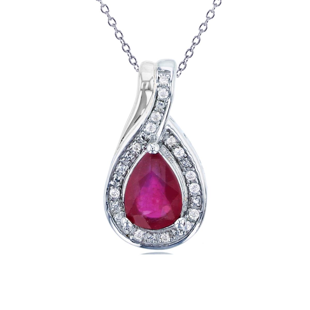 Sterling Silver Rhodium 7x5mm PS Glass Filled Ruby & Rnd Created White Sapphire 18"Necklace