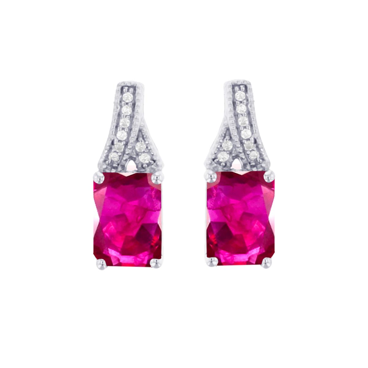 Sterling Silver Rhodium 6x4mm Oct Glass Filled Ruby & Rnd Created White Sapphire Studs