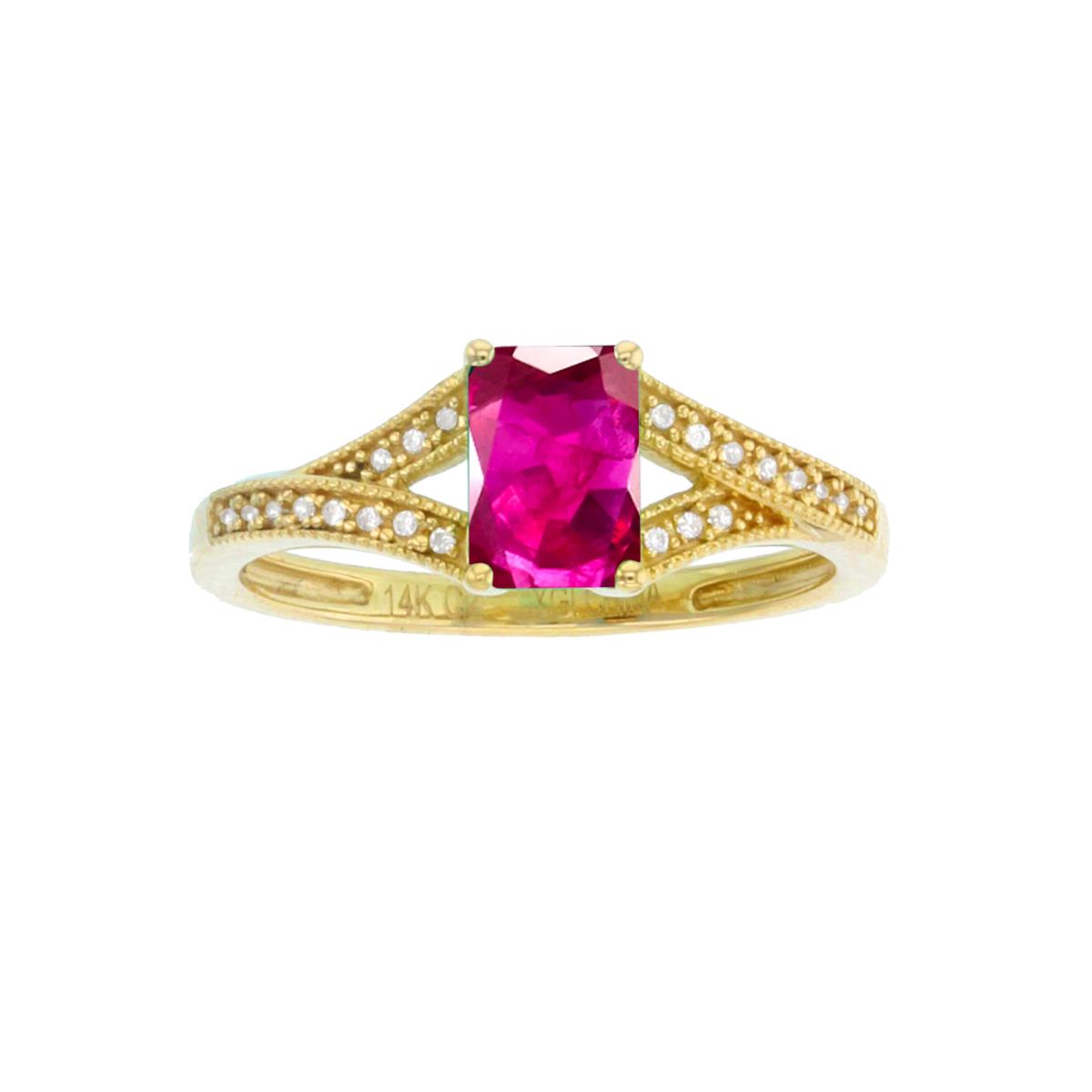 10K Yellow Gold 0.01cttw Rnd Diamonds & 7x5mm Oct Glass Filled Ruby Ring