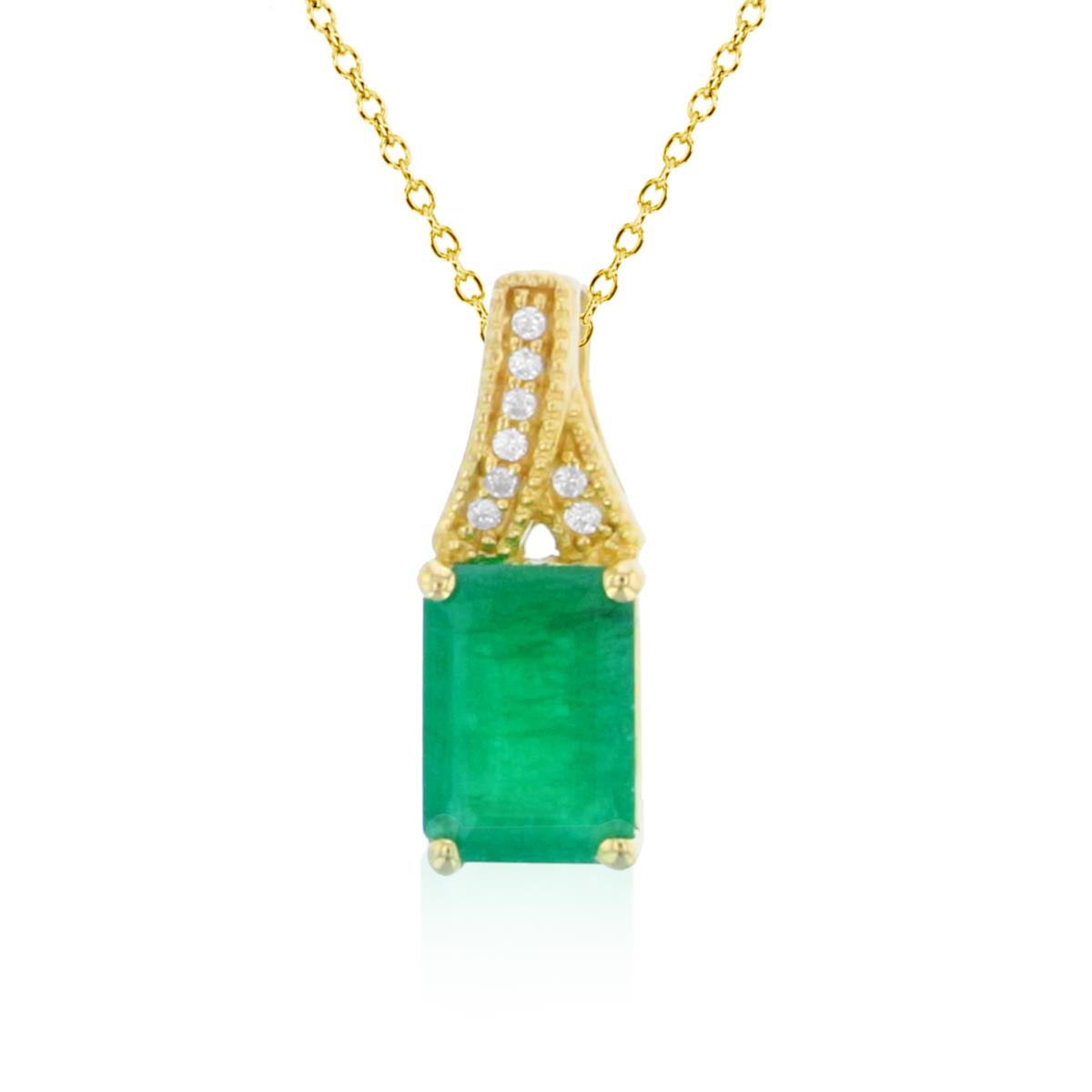 10K Yellow Gold 0.01cttw Rnd Diamonds & 7x5mm Oct Emerald 18"Necklace