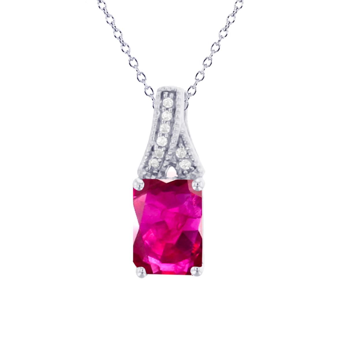Sterling Silver Rhodium 7x5mm Oct Glass Filled Ruby & Rnd Created White Sapphire 18"Necklace