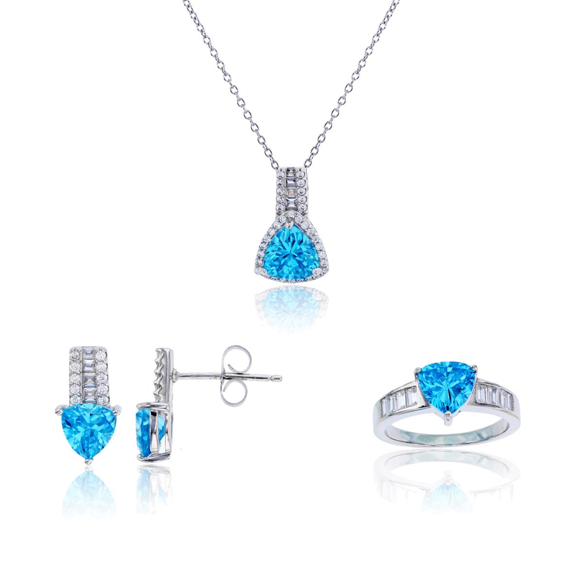 Sterling Silver Rhodium 8mm Blue Trillion Cut CZ & White Baguette 18" Necklace, Earring & Ring Set