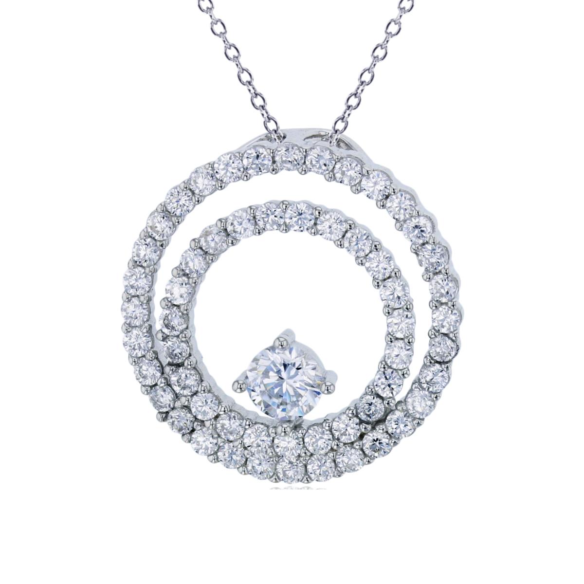 Sterling Silver Rhodium 4.50mm Rd Cut CZ & Pave Dbl Circle 18" Necklace