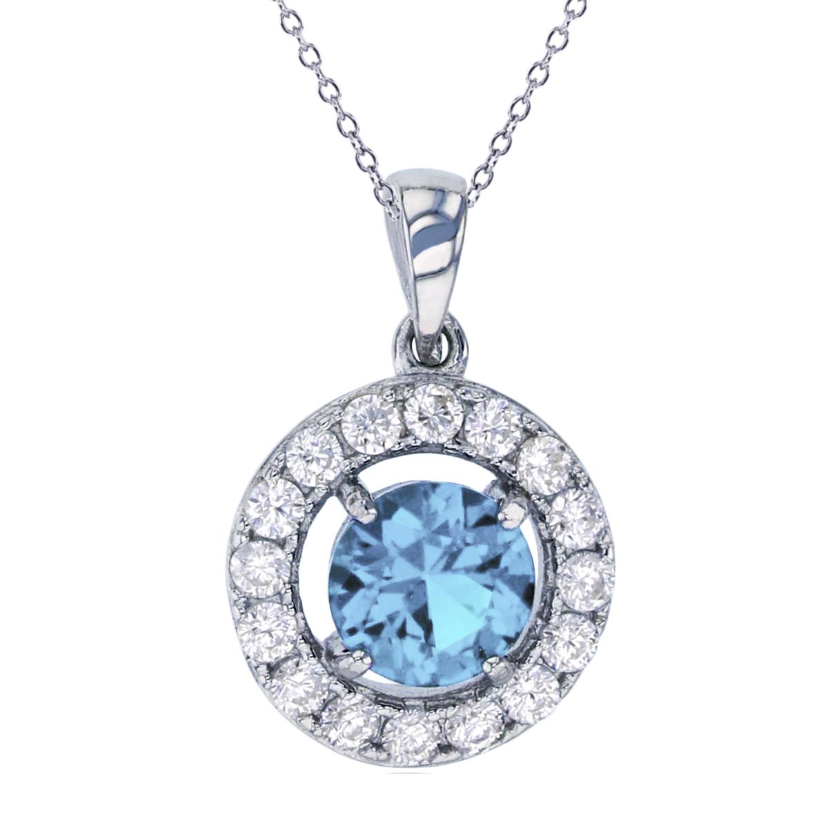 Sterling Silver Rhodium Pave 6mm Rd Sky Blue CZ Halo 18" Necklace