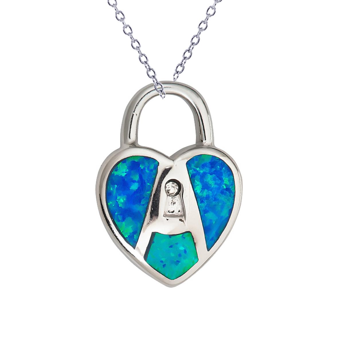 Sterling Silver Rhodium Created Opal Heart Lock 18" Necklace