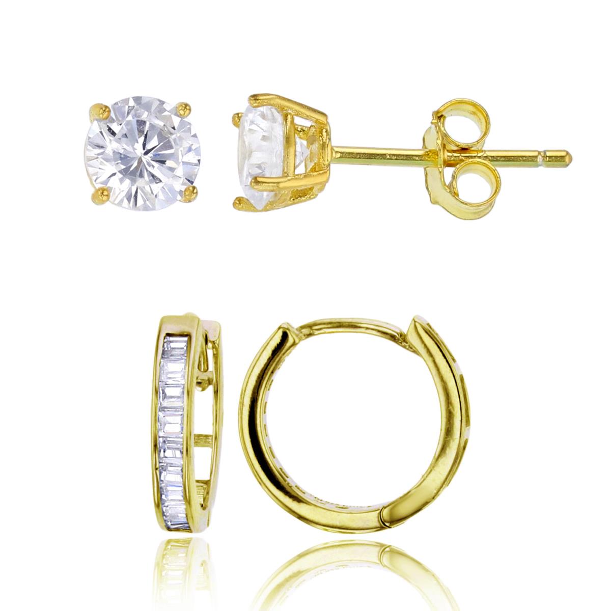 Sterling Silver Yellow Channel Set Bagguete Huggies & 5mm AAA Round Solitaire Stud Earring Set