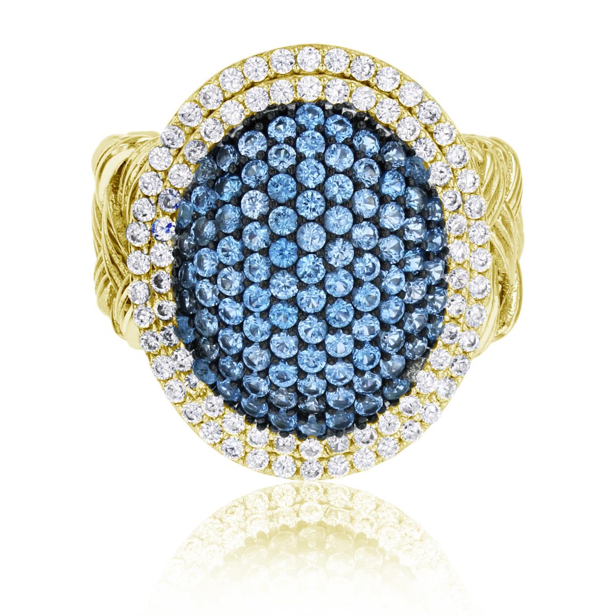 Sterling Silver Yellow 23mm Micropave Blue & White CZ Oval Shaped Weave Shank Fashion Ring