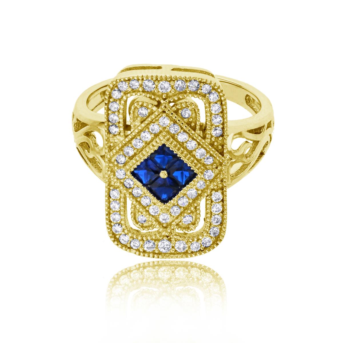 Sterling Silver Yellow Micropave Blue Spinel & White CZ Filigree Sides Milgrain Fancy Fashion Ring