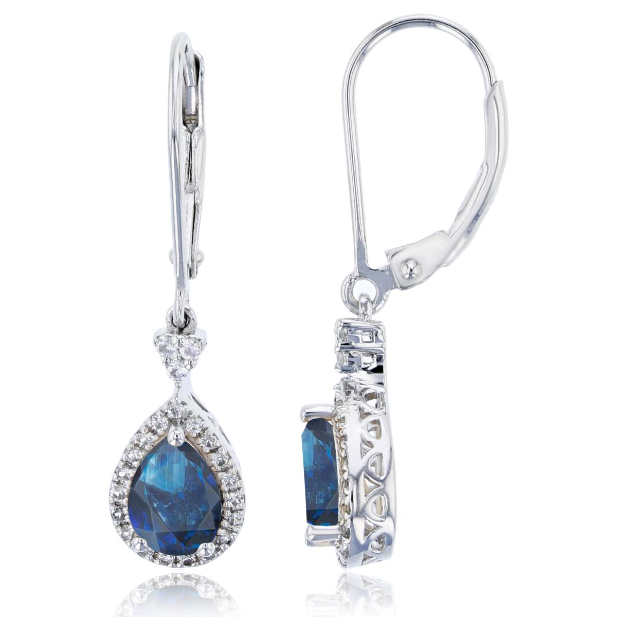 Sterling Silver Rhodium 6x4mm PS Sapphire & Rnd Created White Sapphire Dangling Earring