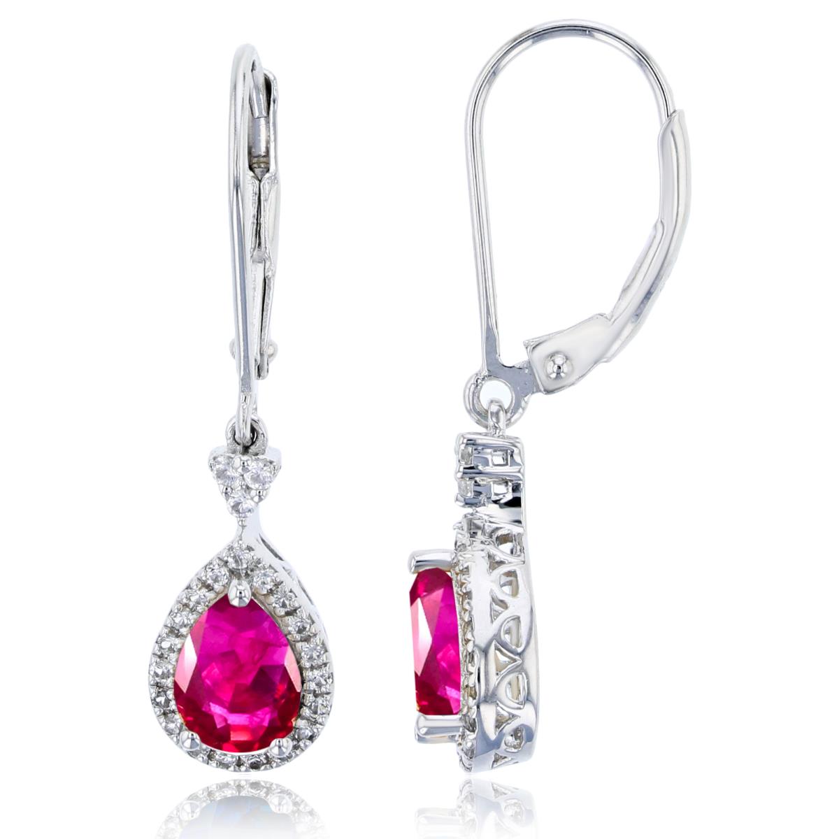 Sterling Silver Rhodium 6x4mm PS Glass Filled Ruby & Rnd Created White Sapphire Dangling Earring