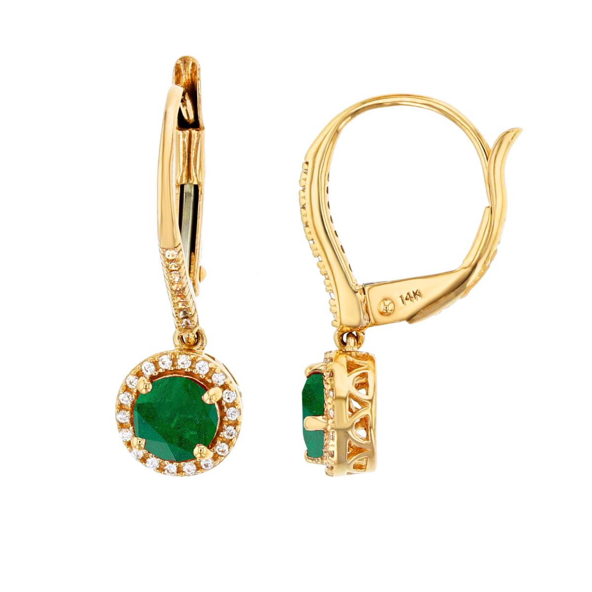 10K Yellow Gold 0.20cttw Rnd Diamonds & 5mm Rnd Emerald Dangling Lever Back Earrings