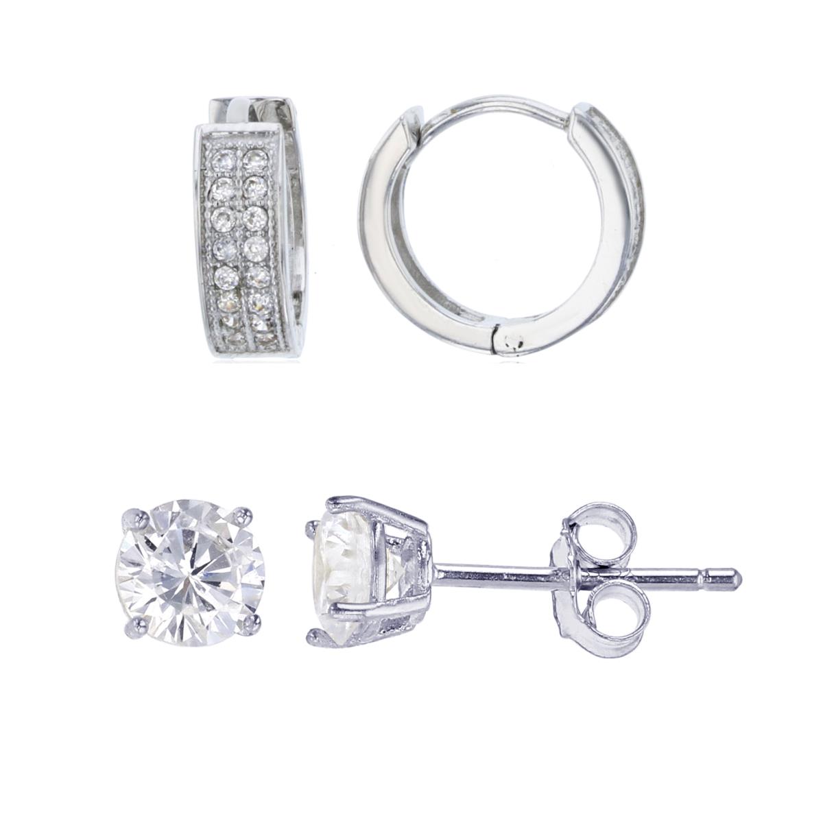Sterling Silver 2 Row Micropave Huggies & 5mm AAA Round Solitaire Stud Earring Set