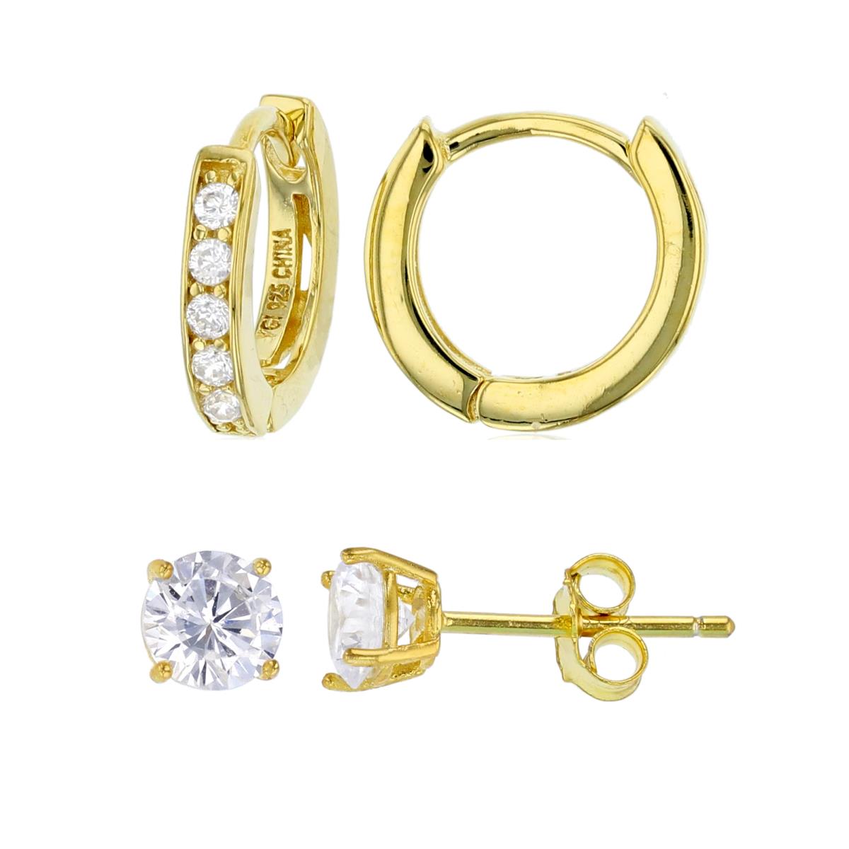 Sterling Silver Yellow Prong Set Huggies & 5mm Round Solitaire Stud Earring Set