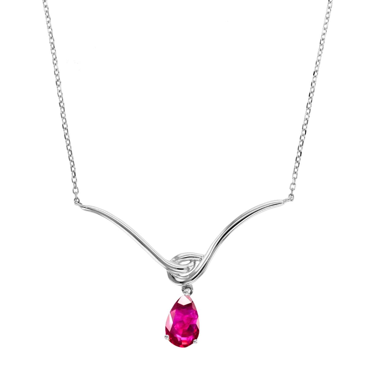 Sterling Silver Rhodium 7X5mm PS Glass Filled Ruby Dangling Drop Y-18"Necklace