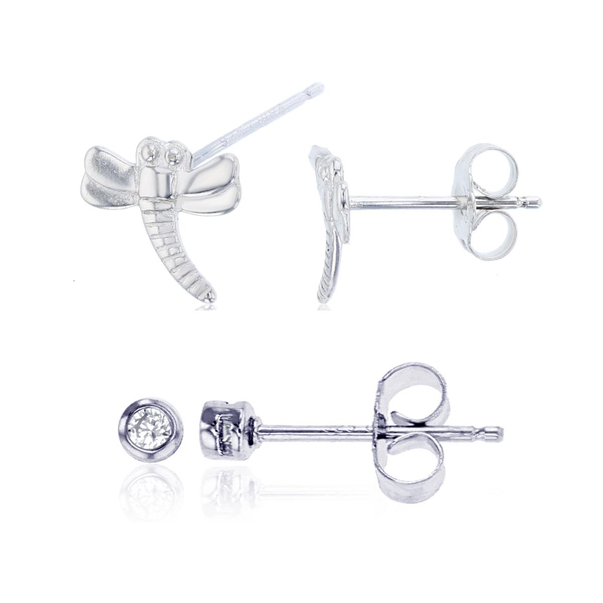 Sterling Silver Rhodium Dragonfly & 4mm Round CZ Bezel Stud Earring Set