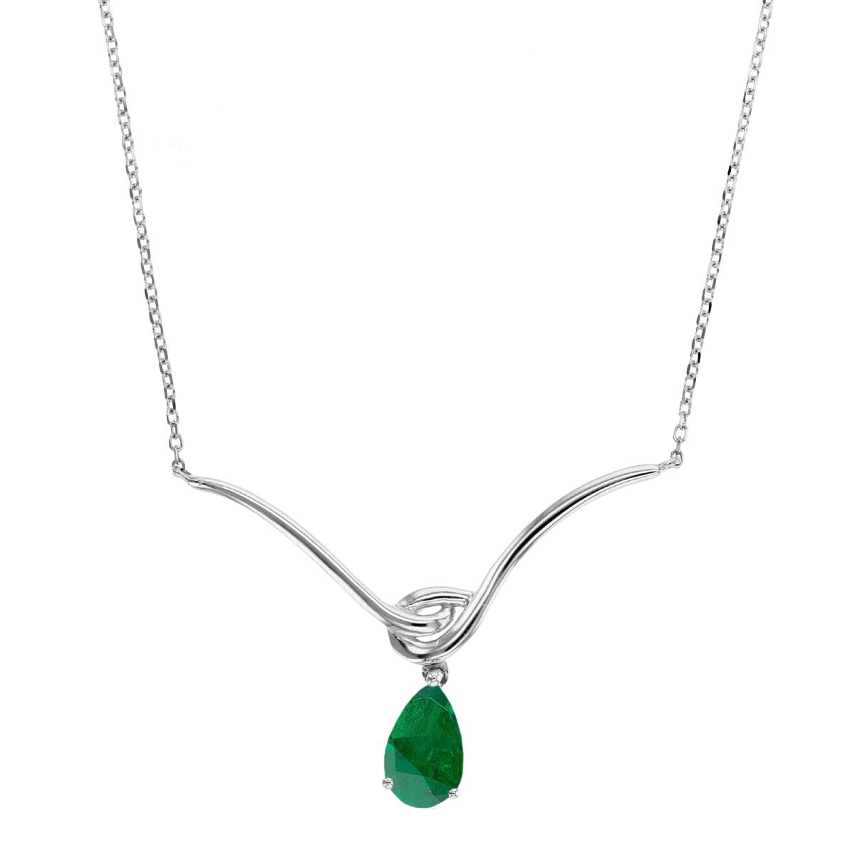 Sterling Silver Rhodium 7X5mm PS Emerald Dangling Drop Y-18"Necklace