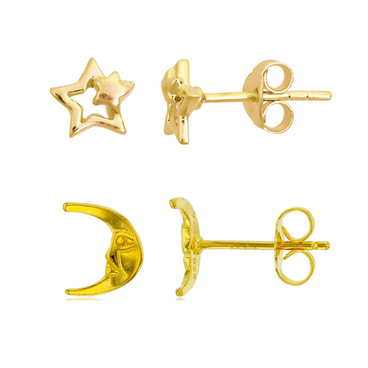 Sterling Silver Yellow Star & Moon Stud Earring Set