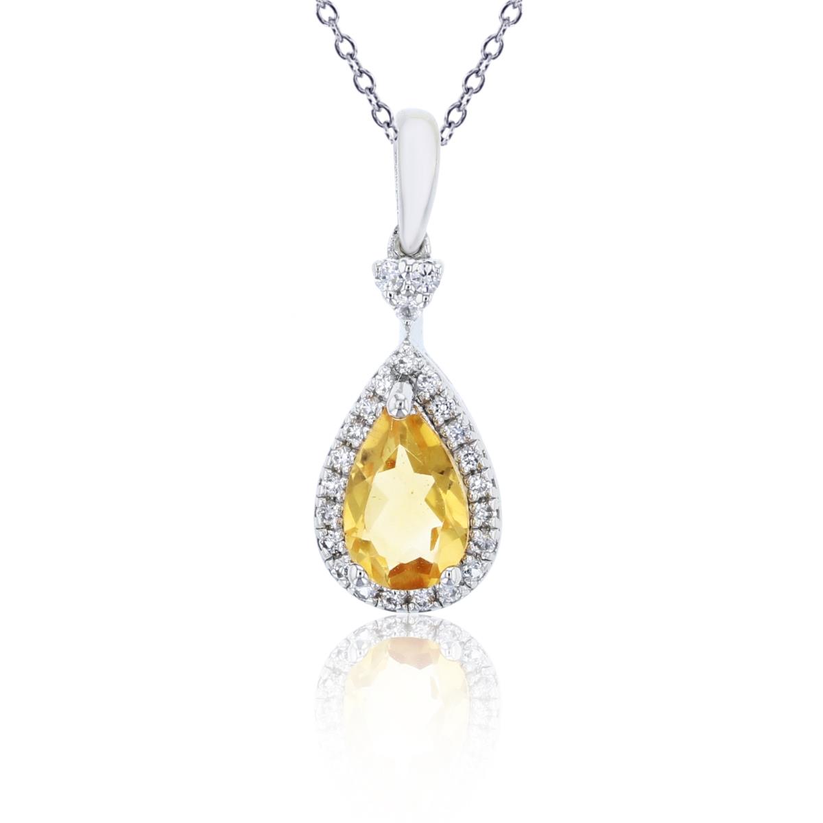 Sterling Silver Rhodium 8x5mm PS Citrine & Rnd Created White Sapphire Pear shape Halo 18"Necklace