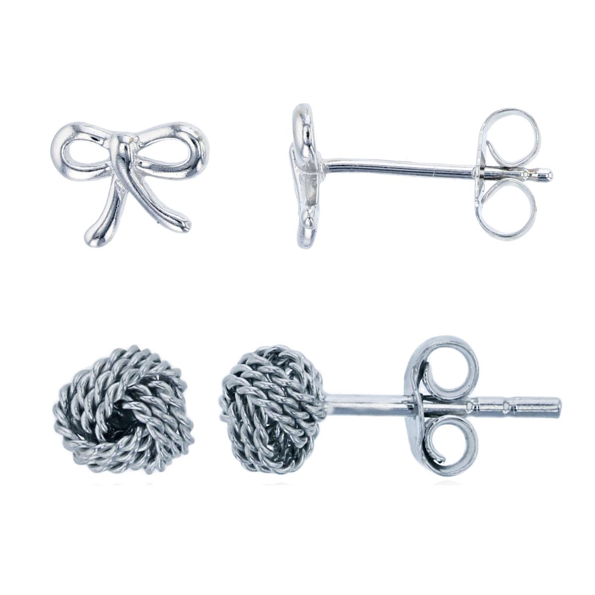 Sterling Silver Rhodium 5mm Rope Knot & Ribbon Stud Earring Set