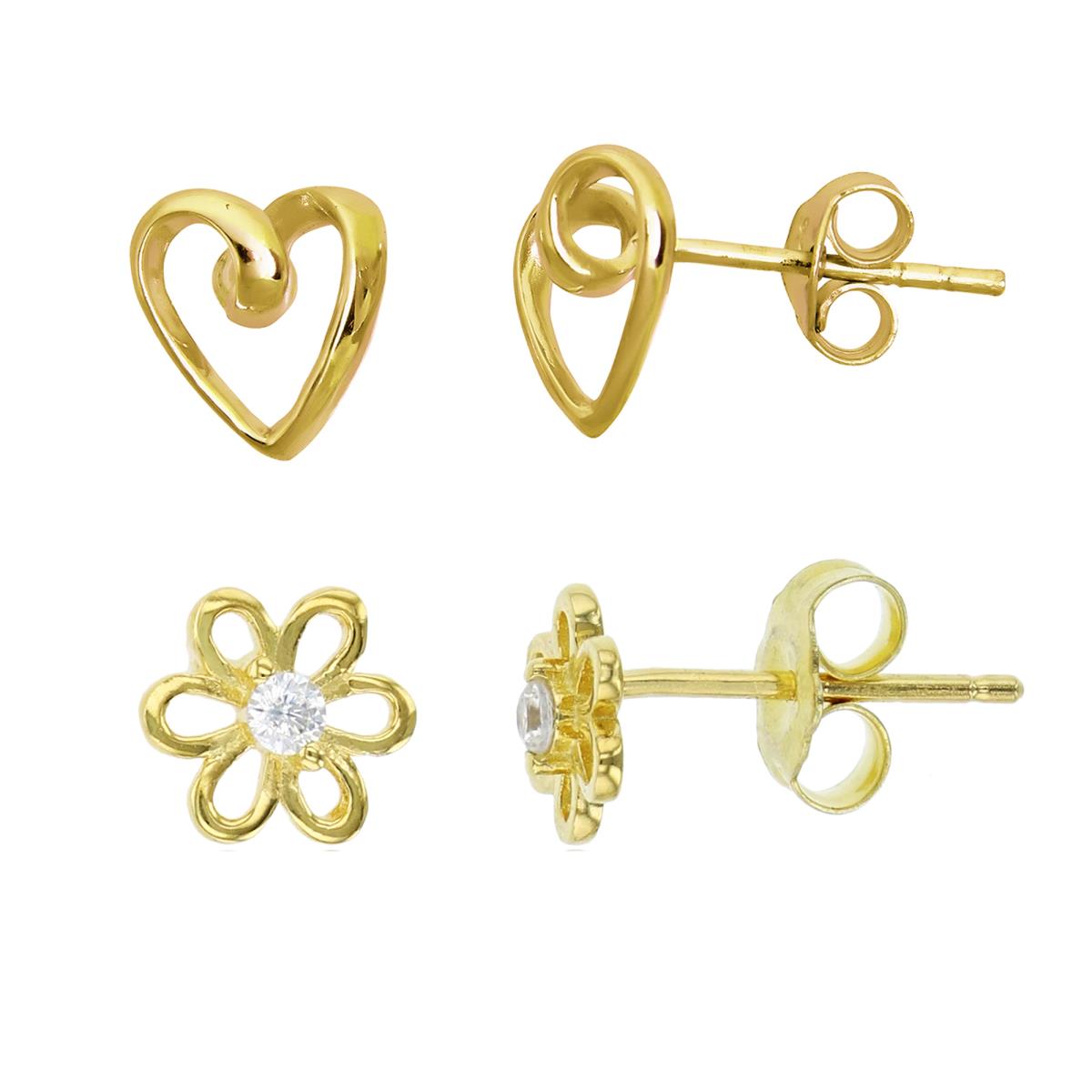 Sterling Silver Yellow Heart & Open Flower Stud Earring Set