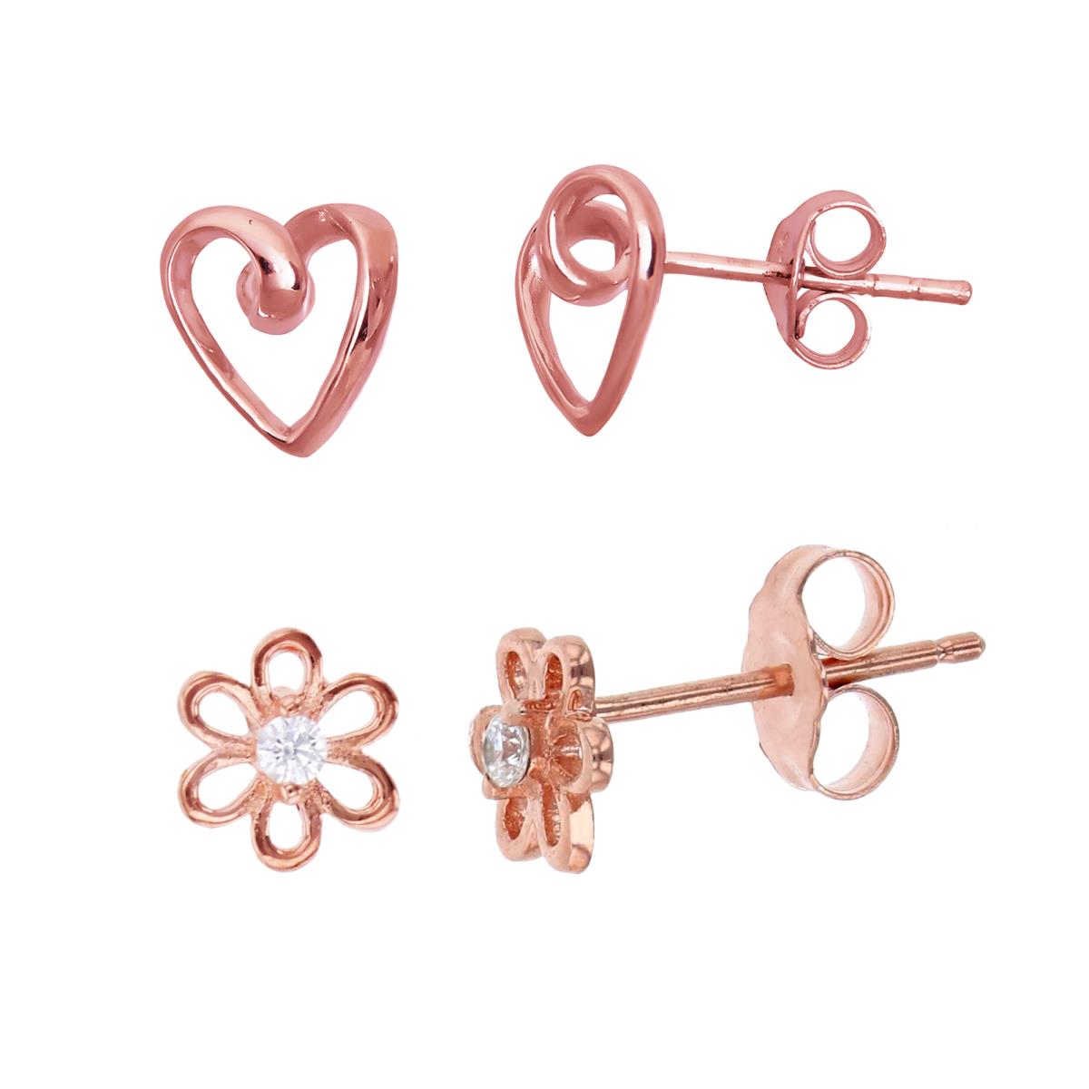Sterling Silver Rose Heart & Open Flower Stud Earring Set