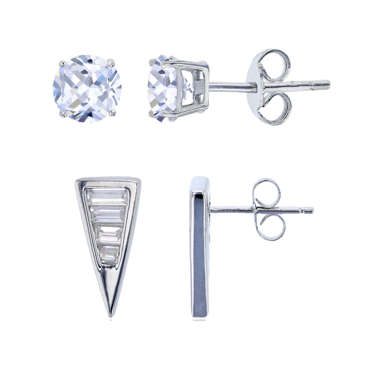 Sterling Silver Rhodium Baguette Triangle & 5mm Rd Solitaire Stud Earring Set