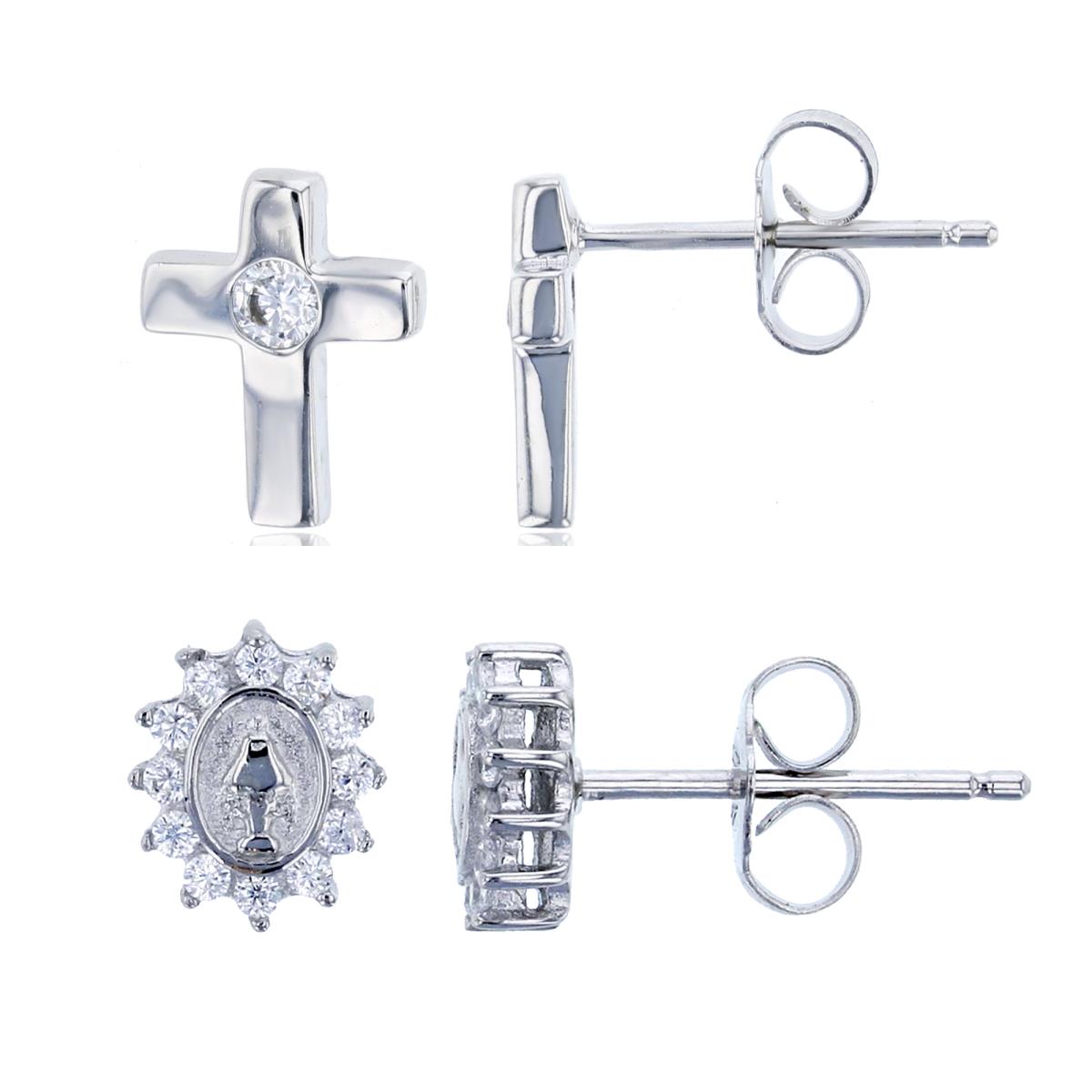 Sterling Silver Rhodium CZ Religious & Cross Stud Earring Set