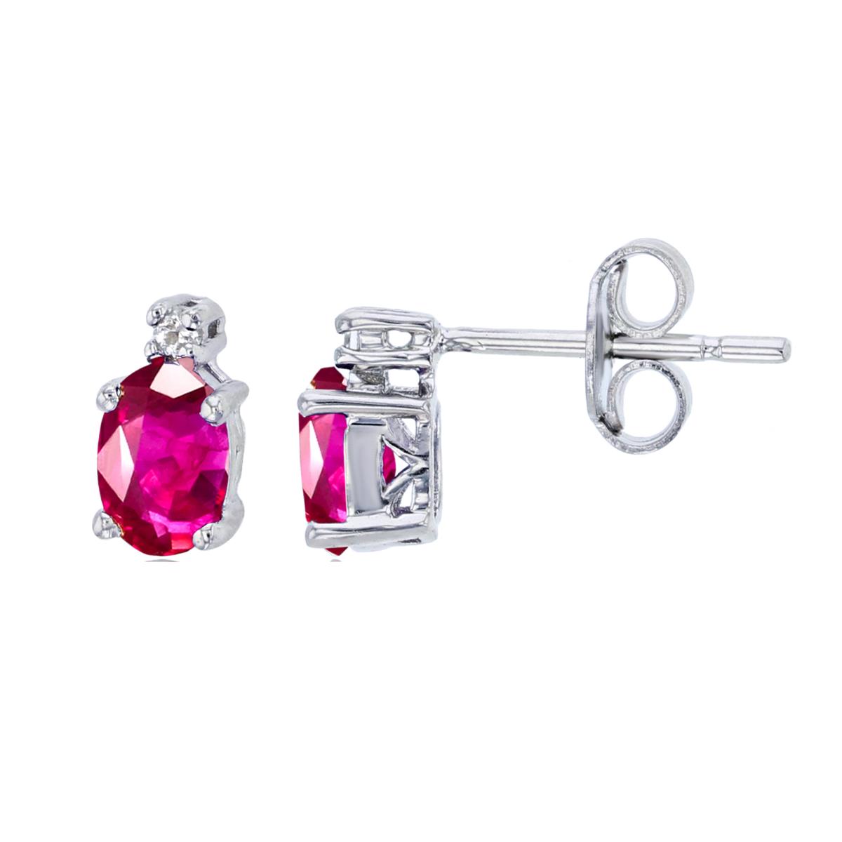 Sterling Silver Rhodium 6x4mm Ov Glass Filled Ruby & Rnd Created White Sapphire Studs