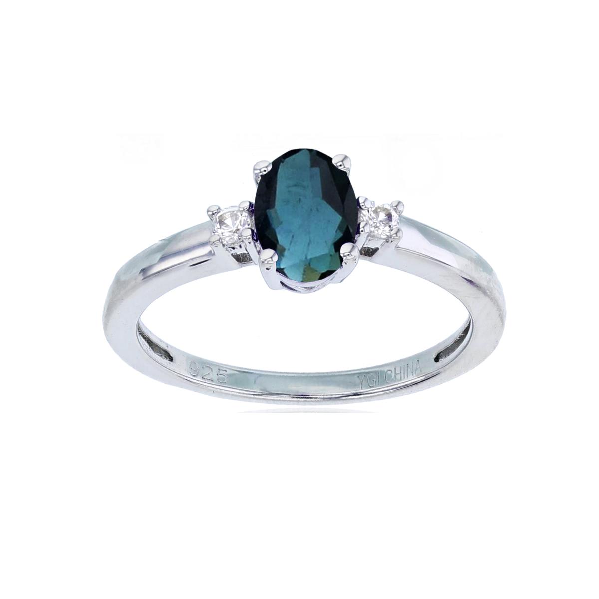 Sterling Silver Rhodium 7x5mm Ov Sapphire & Rnd Created White Sapphire Ring