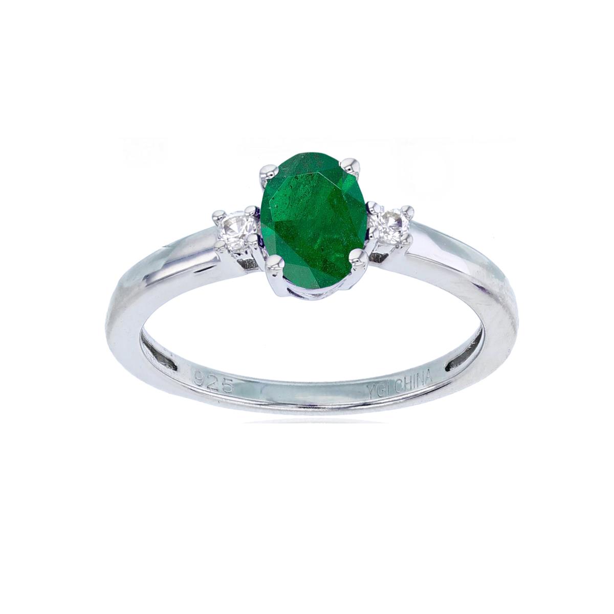 Sterling Silver Rhodium 7x5mm Ov Emerald & Rnd Created White Sapphire Ring