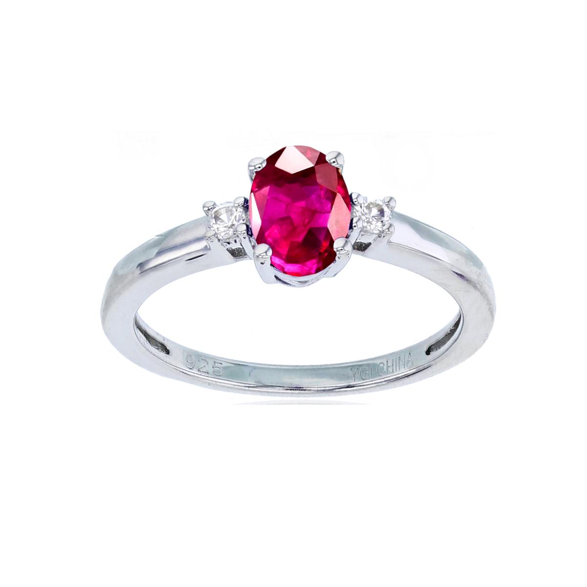 Sterling Silver Rhodium 7x5mm Ov Glass Filled Ruby & Rnd Created White Sapphire Ring