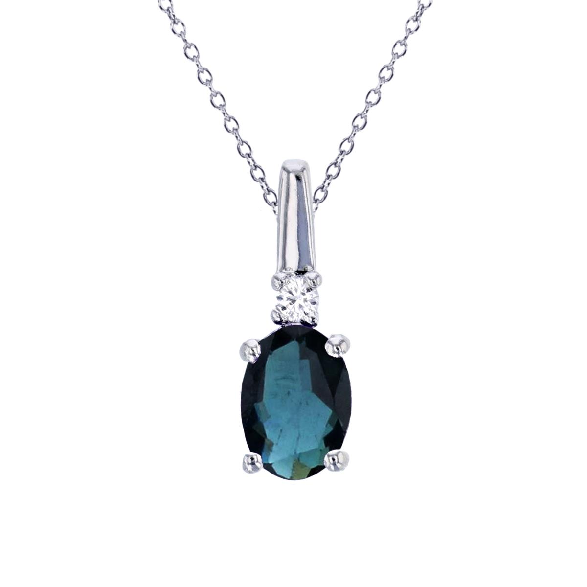 Sterling Silver Rhodium 7x5mm Ov Sapphire & Rnd Created White Sapphire 18"Necklace